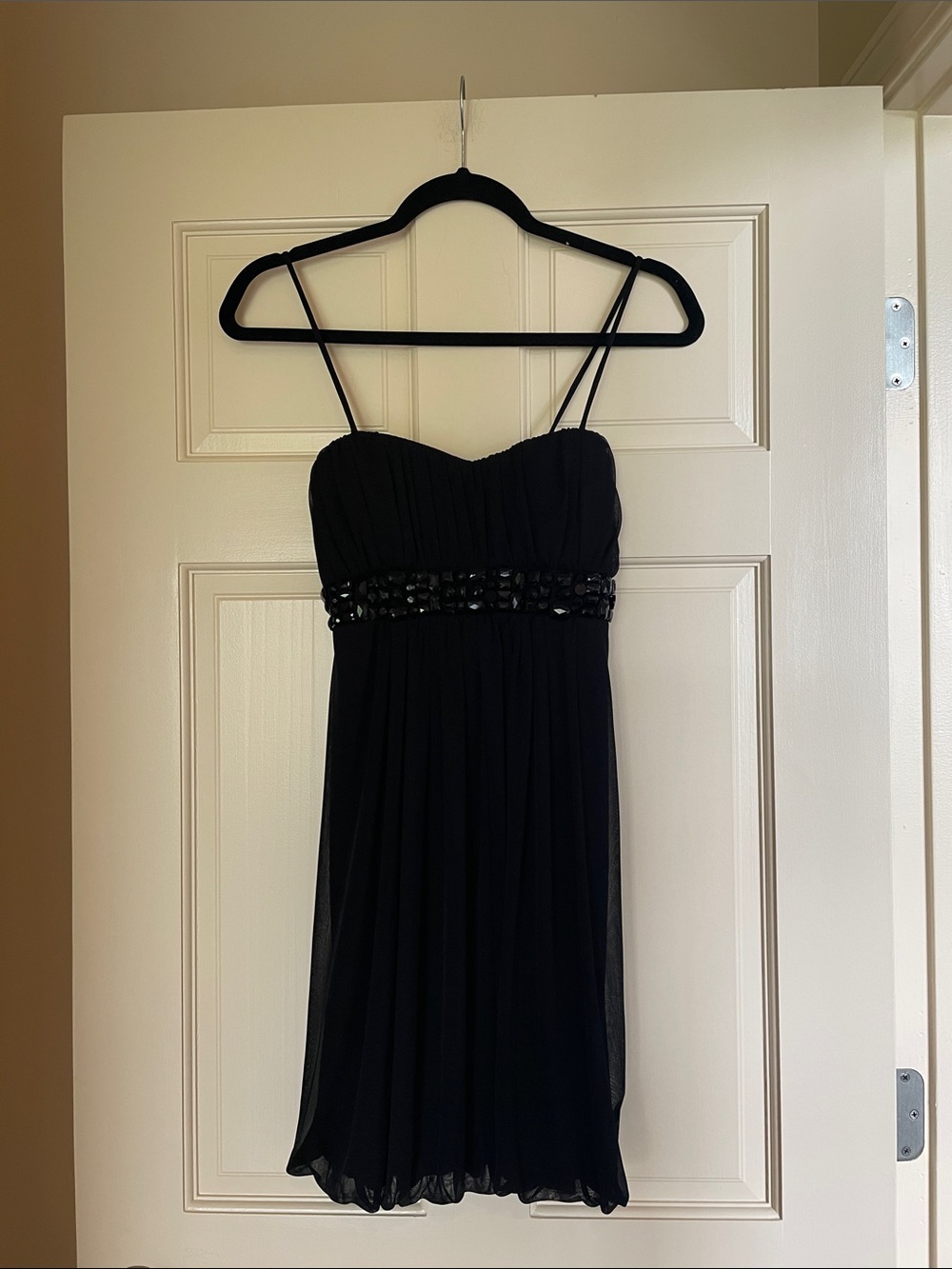 B Darlin Black Pleated & Beaded Spaghetti Strap Mini Dress